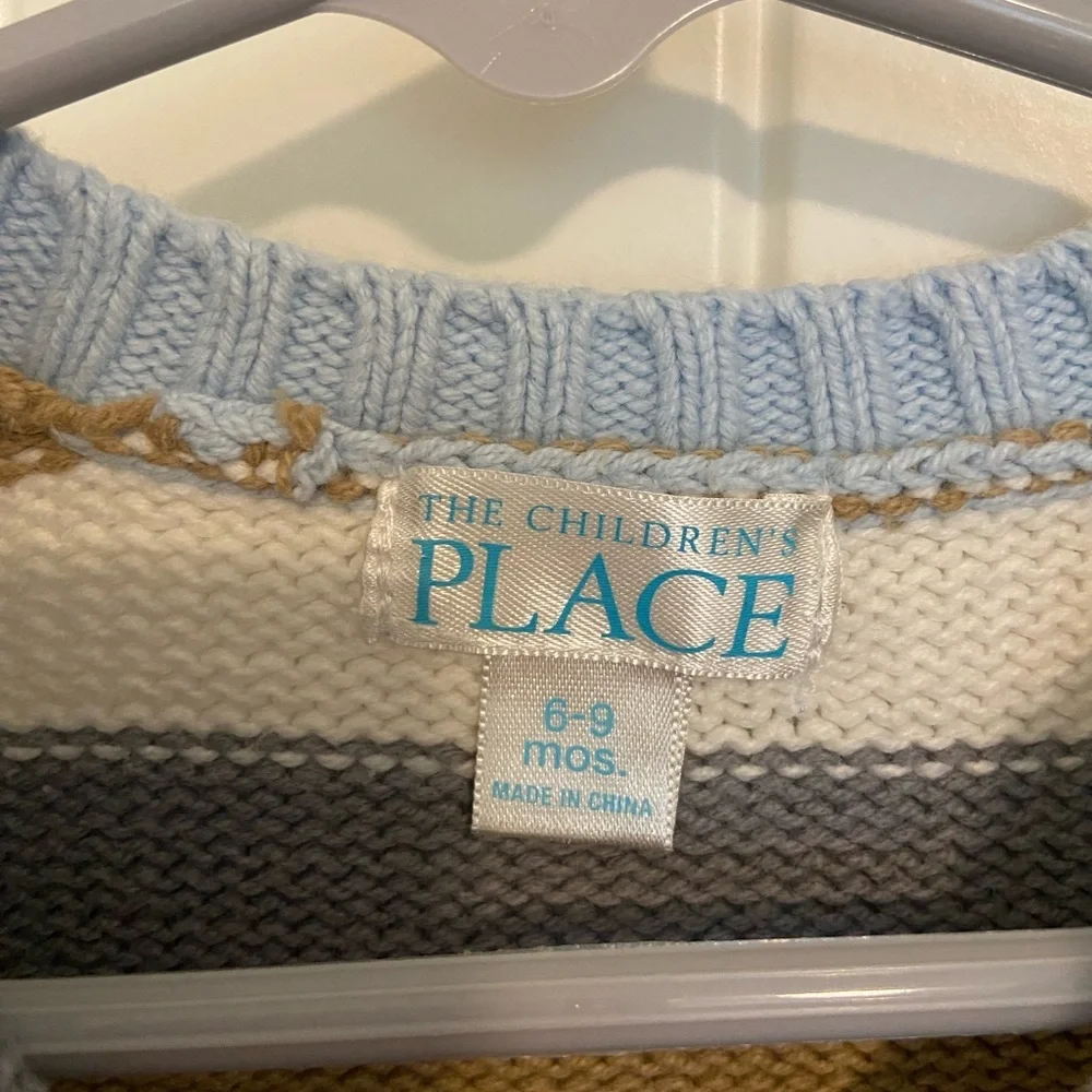 EUC | Children’s Place baby boy’s blue tan striped button sweater 6-9 months‎